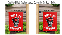Load image into Gallery viewer, this is nc state wolfpack countrylogo reading correctly on both sides of red ncsu double sided garden flag