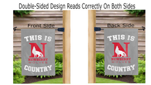 Load image into Gallery viewer, this is newberry wolves country logo reading correctly on both sides of grey double sided garden flag