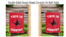Load image into Gallery viewer, this is northwestern rangers country logo reading correctly on both sides of red double sided garden flag