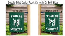 Load image into Gallery viewer, this is portland state vikings country logo reading correctly on both sides of green double sided garden flag