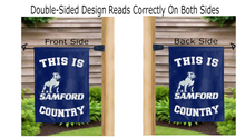 Load image into Gallery viewer, this is samford country logo reading correctly on both sides of blue double sided garden flag