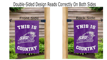 Load image into Gallery viewer, this is sbu bearcats country logo reading correctly on both sides of purple double sided garden flag