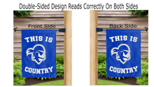 Load image into Gallery viewer, this is seton hall pirates country logo reading correctly on both sides of blue double sided garden flag
