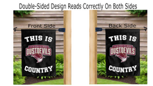 Load image into Gallery viewer, this is tamiu dustdevils country logo reading correctly on both sides of black double sided garden flag