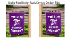 Load image into Gallery viewer, this is truman bulldog country logo reading correctly on both sides of purple double sided garden flag