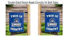Load image into Gallery viewer, this is umary marauders country logo reading correctly on both sides of blue double sided garden flag