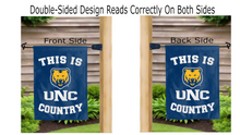 Load image into Gallery viewer, this is unc country logo reading correctly on both sides of blue garden flag