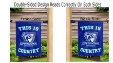 Load image into Gallery viewer, this is upper iowa university country logo reading correctly on both sides of blue double sided garden flag