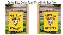 Load image into Gallery viewer, this is valpo country logo reading correctly on both sides of gold double sided garden flag