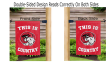 Load image into Gallery viewer, this is wssu rams country logo reading correctly on both sides of red double sided garden flag