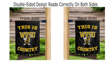 Load image into Gallery viewer, thsi is wvsu yellow jackets country logo reading correctly on both sides of black double sided garden flag