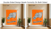 Load image into Gallery viewer, tuffy the titan head logo reading correctly on both sides of orange double sided cal state fullerton house flag