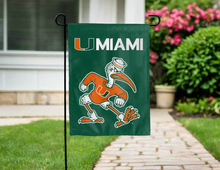 Load image into Gallery viewer, green u miami mascot double sided garden flag for yard decor