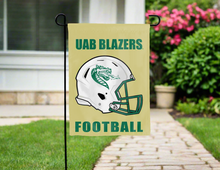 Load image into Gallery viewer, gold uab blazers football garden flag hung outside for yard decor