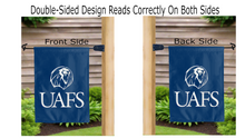Load image into Gallery viewer, uafs logo reading correctly on both sides of blue double sided garden flag