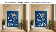 Load image into Gallery viewer, uafs logo reading correctly on both sides of blue double sided house flag