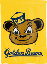 Load image into Gallery viewer, gold uc berkeley double sided house flag with oski the bear logo for game day decor
