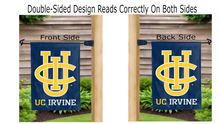 Load image into Gallery viewer, uc irvine logo reading correctly on both sides of blue double sided garden flag