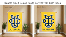 Load image into Gallery viewer, uc irvine logo reading correctly on both sides of gold double sided house flag