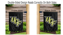 Load image into Gallery viewer, ucf logo reading correctly on both sides of black double sided garden flag