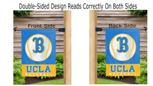 Load image into Gallery viewer, ucla bruins baseball logo reading correctly on both sides of blue and gold double sided garden flag