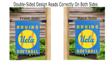 Load image into Gallery viewer, ucla bruins softball logo reading correctly on both sides of blue double sided garden flag