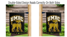 Load image into Gallery viewer, umbc logo reading correctly on both sides of black double sided garden flag