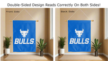 Load image into Gallery viewer, university at buffalo bulls logo reading correctly on both sides of blue double sided house flag
