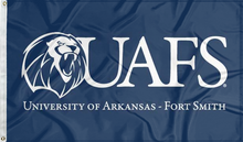 Load image into Gallery viewer, blue university of arkansas fort smith flag with uafs logo for college dorm decor