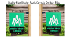 Load image into Gallery viewer, university of arkansas monticello logo reading correctly on both sides of double sided garden flag