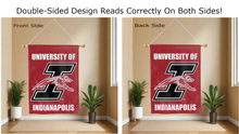 Load image into Gallery viewer, university of indianapolis logo reading correctly on both sides of red double sided house flag