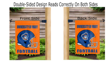 Load image into Gallery viewer, university of mary football logo reading correctly on both sides of orange double sided garden flag