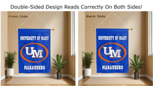 Load image into Gallery viewer, university of mary marauders logo reading correctly on both sides of blue double sided house flag