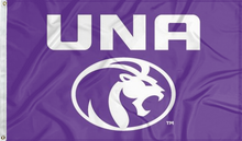 Load image into Gallery viewer, purple university of north alabama flag with una lions logo for college dorm decor