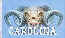 Load image into Gallery viewer, blue university of north carolina flag with realistic ram logo for college dorm decor