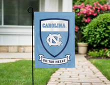 Load image into Gallery viewer, university of north carolina garden flag with go tar heels logo for yard decor
