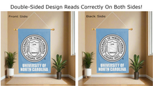 Load image into Gallery viewer, university of north carolina seal logo reading correctly on both sides of blue double sided house flag