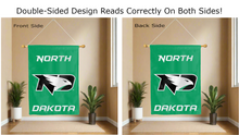 Load image into Gallery viewer, university of north dakota logo reading correctly on both sides of green double sided house flag