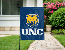 Load image into Gallery viewer, blue university of northern colorado garden flag hung for yard decor