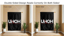 Load image into Gallery viewer, university of northwestern ohio logo reading correctly on both sides of black double sided house flag