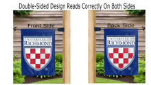 Load image into Gallery viewer, university of richmond shield logo reading correctly on both sides of blue double sided garden flag