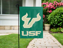 Load image into Gallery viewer, green university of south florida usf garden flag hung outside for yard decor