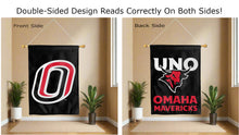Load image into Gallery viewer, uno mavericks logo reading correctly on both sides of black double sided house flag