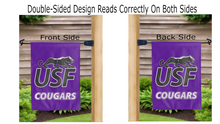 Load image into Gallery viewer, usf cougars logo reading correctly on both sides of purple university of sioux falls double sided garden flag
