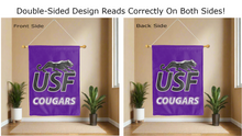 Load image into Gallery viewer, usf cougars logo reading correctly on both sides of purple university of sioux falls double sided house flag