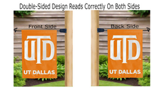 Load image into Gallery viewer, ut dallas logo reading correctly on both sides of orange double sided garden flag