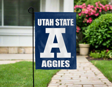 Load image into Gallery viewer, blue utah state aggies garden flag hung outside for yard decor