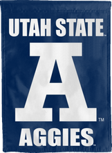 Load image into Gallery viewer, blue utah state aggies house flag hung outside for fan cave decor