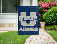 Load image into Gallery viewer, blue utah state university garden flag hung outside for yard decor