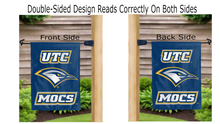 Load image into Gallery viewer, utc mocs logo reading correctly on both sides of blue double sided garden flag